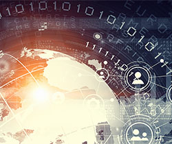 Imagen del planeta tierra rodeada de numeros binarios ceros y unos